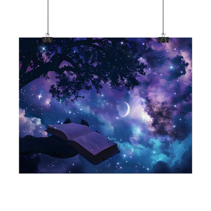 Mystical Night Sky: Celestial Dreams with Crescent Moon Art - Poster
