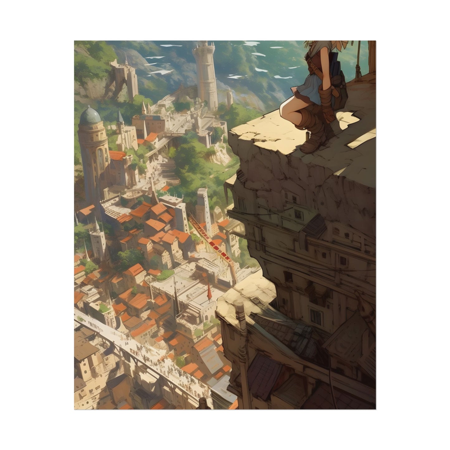 Dramatic Anime Bird's Eye View: Blonde Female in Action with Flying Birds - Poster