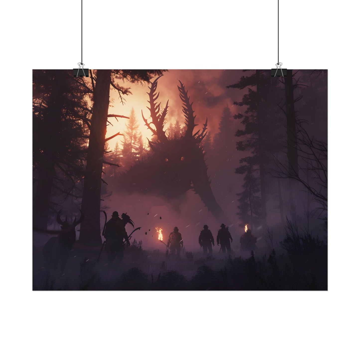 Serene Forest Sunset: Group Walking Through Misty Landscape - Poster