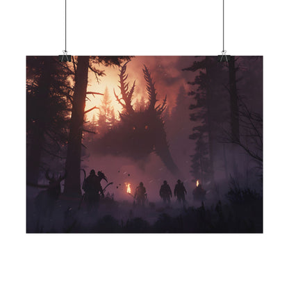 Serene Forest Sunset: Group Walking Through Misty Landscape - Poster