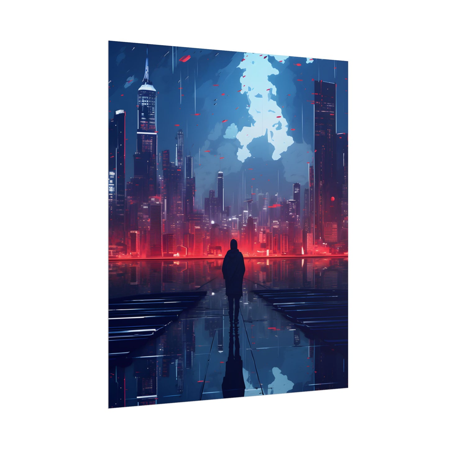 Cyberpunk Night Cityscape: A Melancholic Moment - Poster