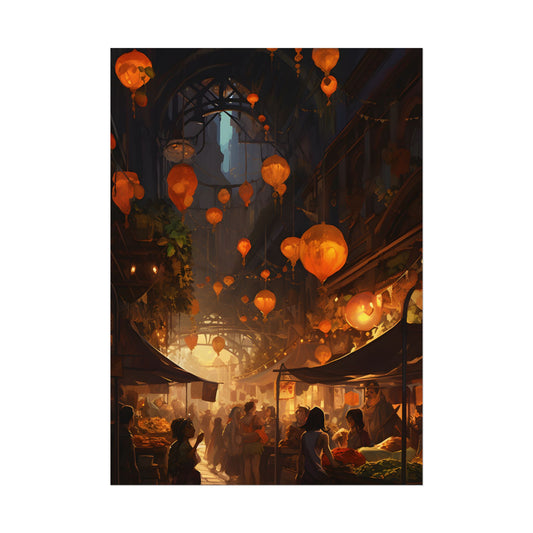 Magical Street Food Market: Enchanting Evening Scene - Poster