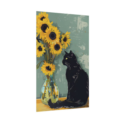 Whispers in the Sun: A Black Cat's Serene Moment with Sunflowers - Poster
