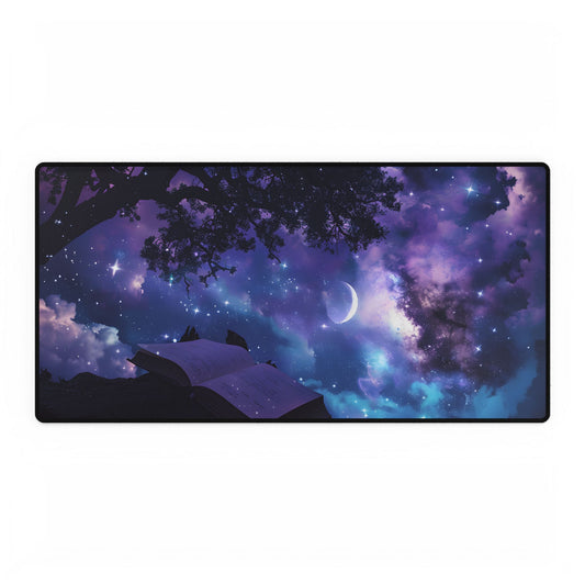 Mystical Night Sky: Celestial Dreams with Crescent Moon Art - Desk Mat