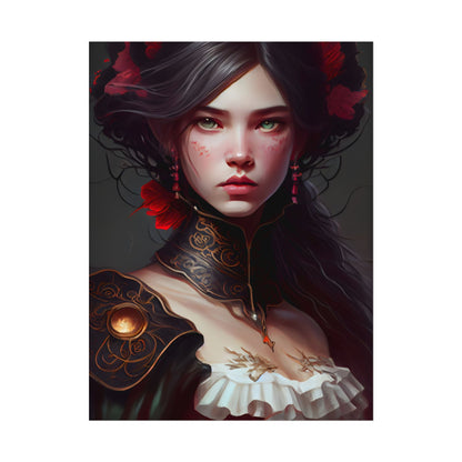 Elegant Black Hair Portrait in White Dress - Poster