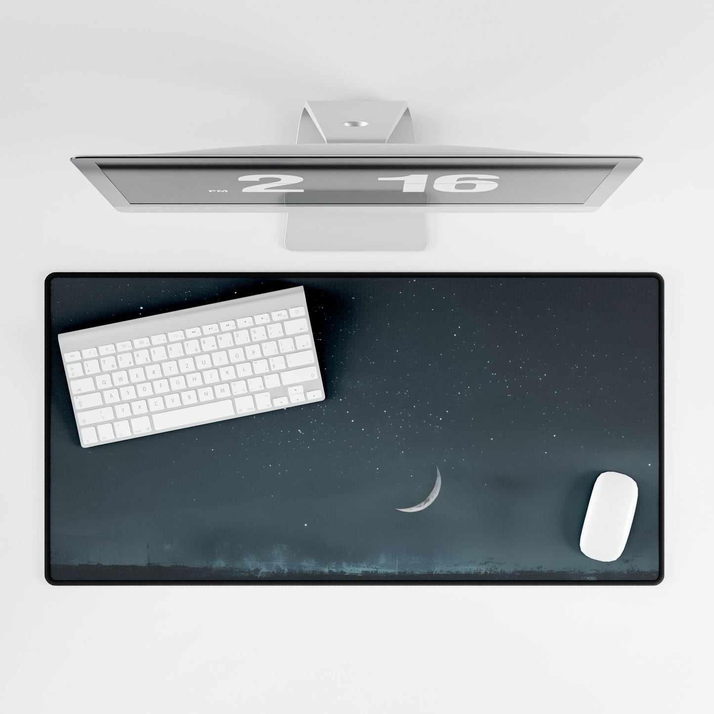 Minimalist Night Tree: Soft Lighting in Blue-Gray Skies - Desk Mat