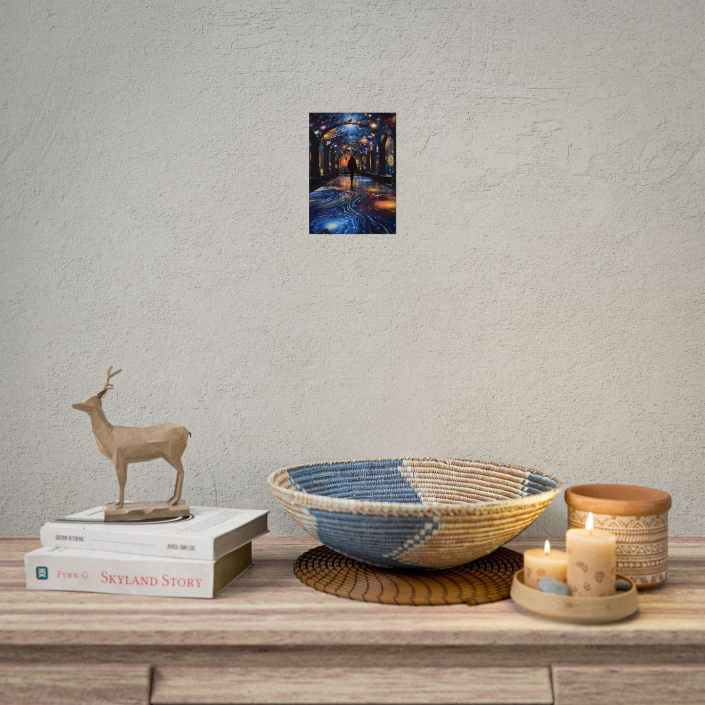 Celestial Art Gallery: Vibrant Space-Themed Artwork in a Colorful Interior - Poster