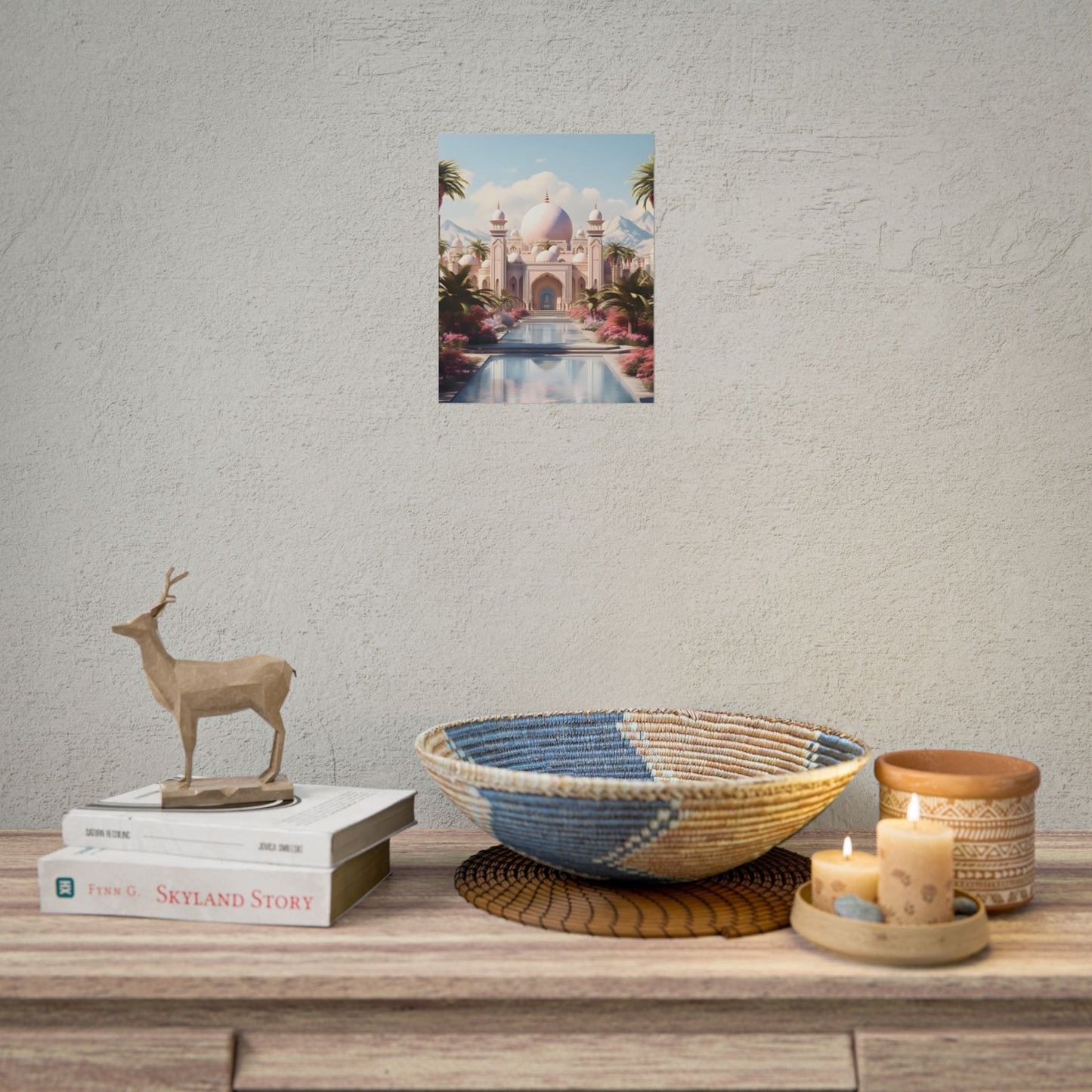 Serene Arabian Desert Oasis: Camels in a Palm Tree Landscape - Poster