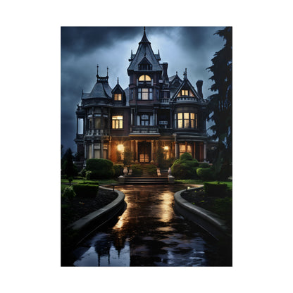 Haunted Victorian Mansion: Spooky Stormy Night Art - Poster