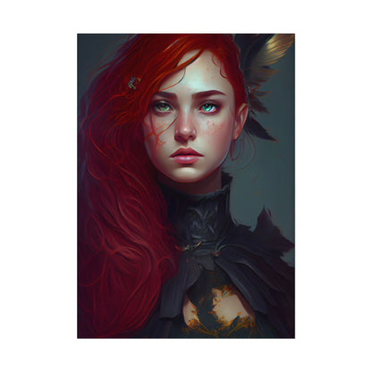 Vibrant Female Portrait: Red Hair Beauty in Neutral Dress - Poster