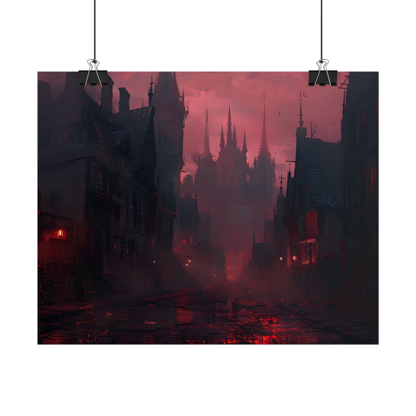Dark Gothic Cityscape: A Serene Misty Dusk Scene - Poster