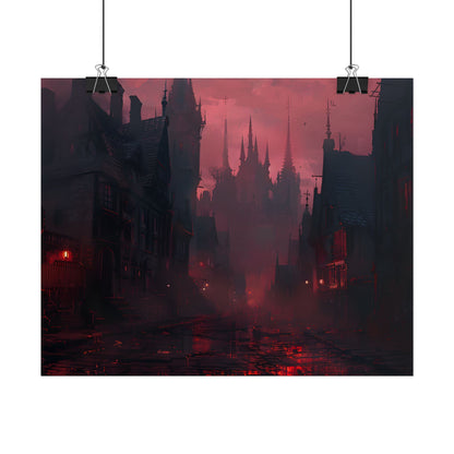Dark Gothic Cityscape: A Serene Misty Dusk Scene - Poster