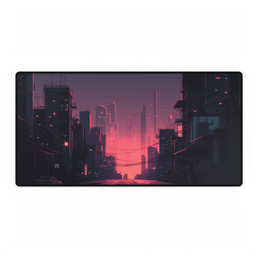 Cyberpunk Nighttime Cityscape: Melancholic Mood - Desk Mat