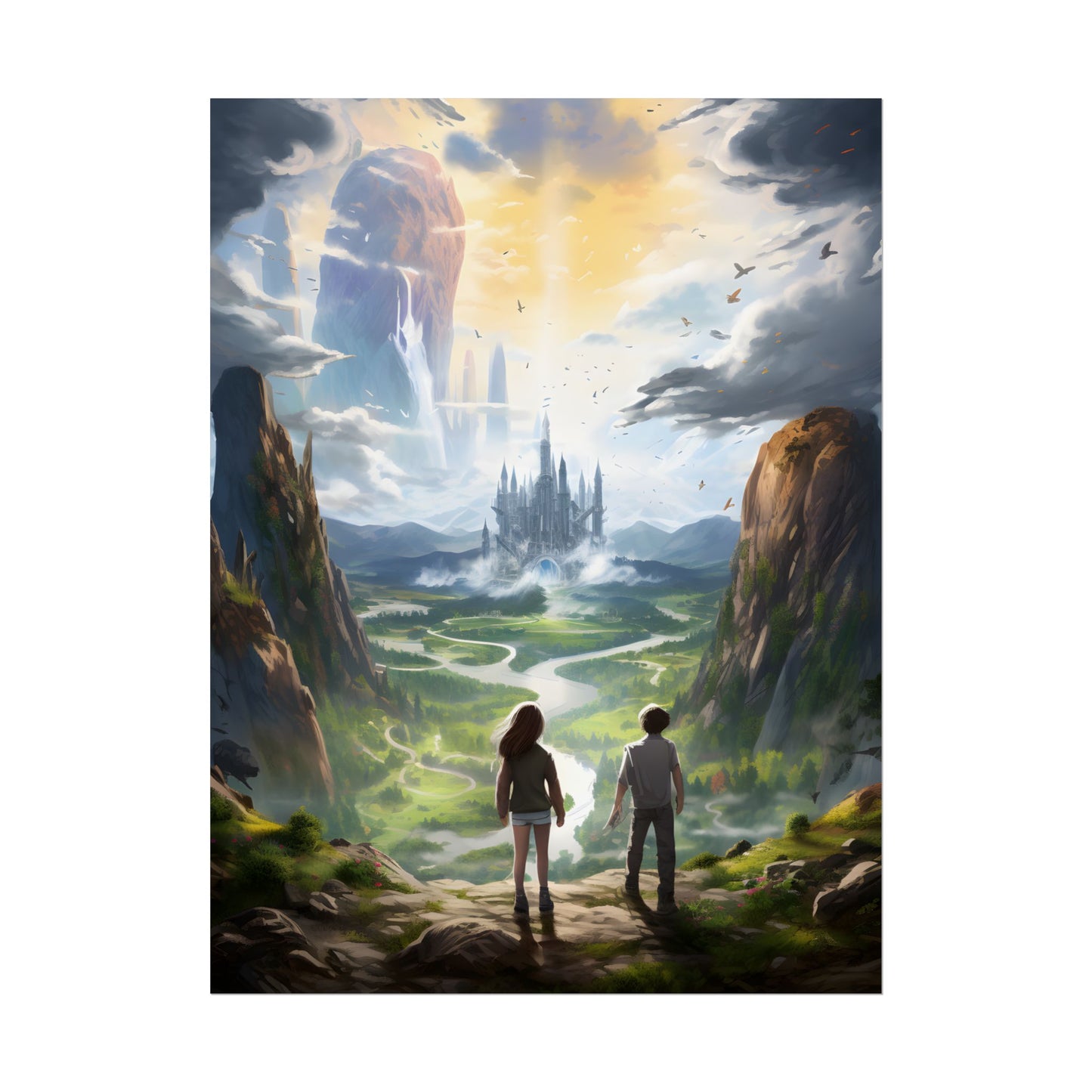 Girl and Boy in Serene Meadow: A Moment on Cloudy Hill - Poster