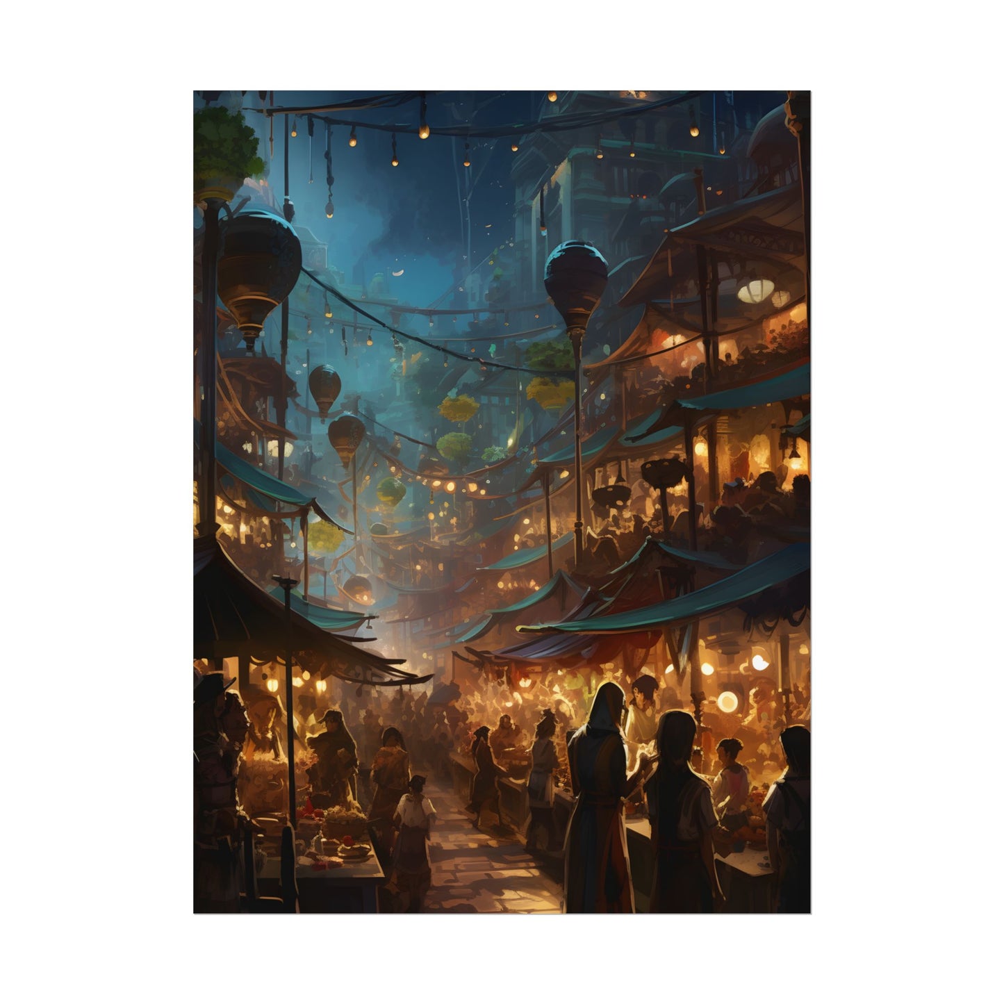 Enchanting Night Street Food Market: Colorful Artwork - Poster