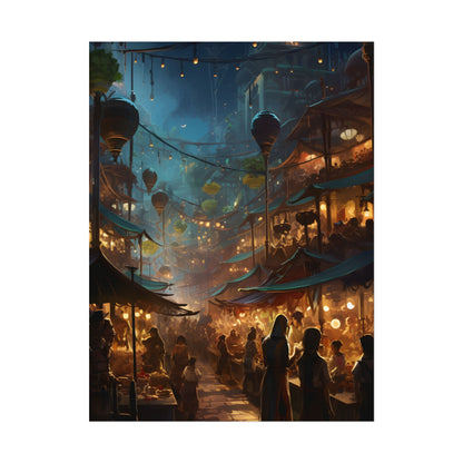 Enchanting Night Street Food Market: Colorful Artwork - Poster