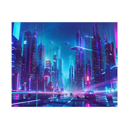 Futuristic Neon City: Towering Skyscrapers in a Vibrant Nighttime Sky - Poster
