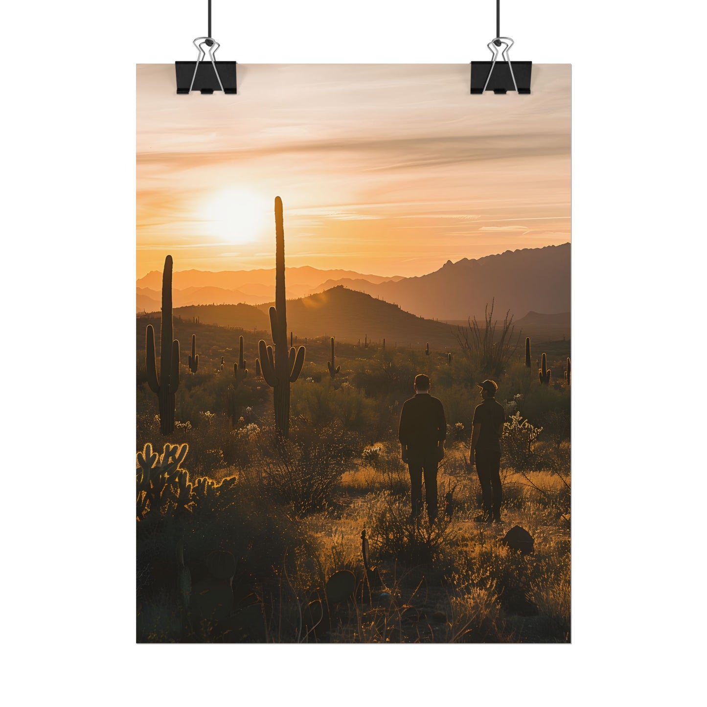 Desert Sunset Serenity: Two Friends Standing Together - Poster