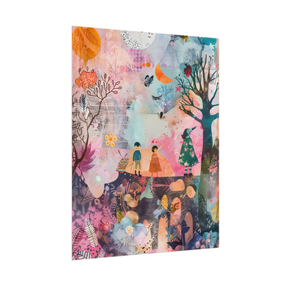Colorful Whimsy: Blue Fish, Yellow Bird, Pink Cat Art Collage - Poster