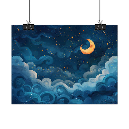 Surreal Night Sky Dreamscape: Whimsical Stars and Clouds Art - Poster