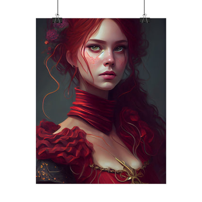 Vibrant Redhead Portrait: Female Artwork in Red Dress - Poster