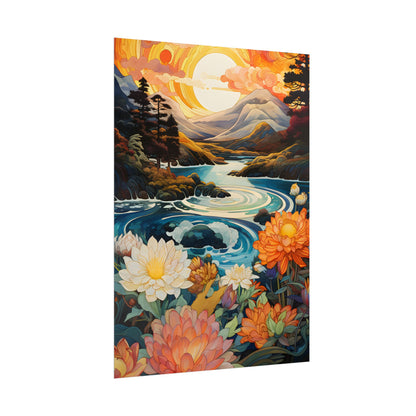 Peaceful River Landscape: Flowers Blooming - Poster
