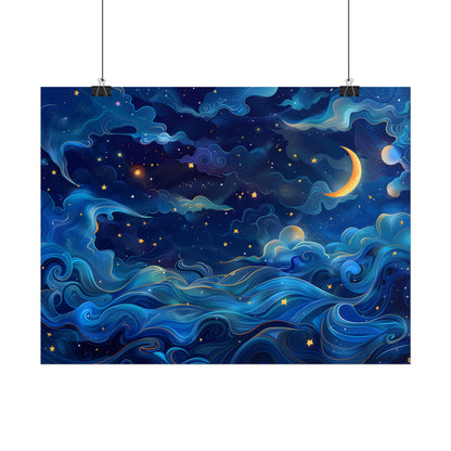Whimsical Dreamy Night Sky: Stars, Moon, and Shooting Star - Poster