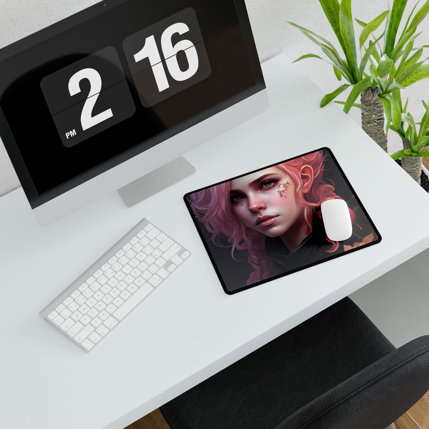 Astonishing Female Portrait: Vibrant Pink Hair in Dark Elegance - Desk Mat