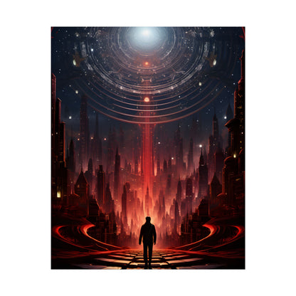 Futuristic Cityscape: Neon Sky Meets Nature's Harmony - Poster