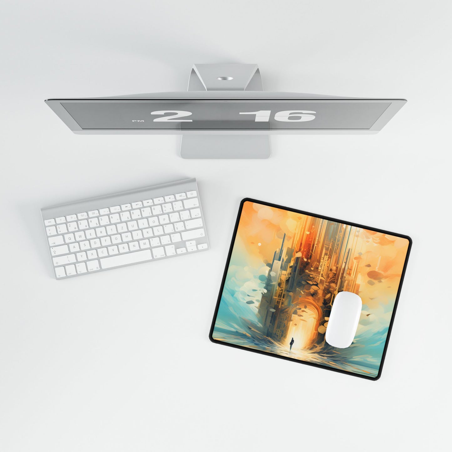 Cyberpunk Dreamscape: Dark Digital Artwork with Luminescent Entity - Desk Mat