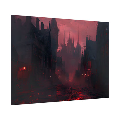 Dark Gothic Cityscape: A Serene Misty Dusk Scene - Poster