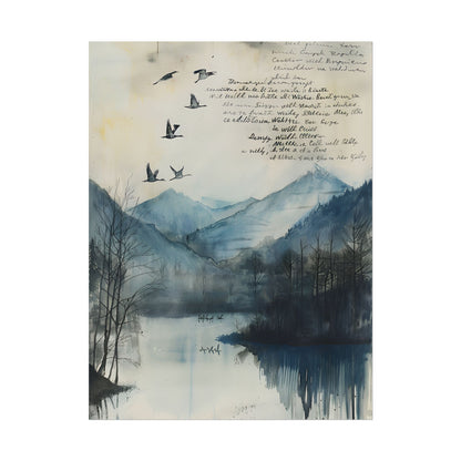 Nature's Serenity: Mountain Lake Birds in Flight Artwork - Poster