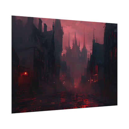 Dark Gothic Cityscape: A Serene Misty Dusk Scene - Poster
