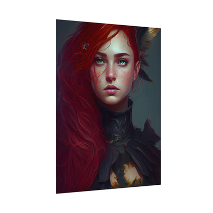 Vibrant Female Portrait: Red Hair Beauty in Neutral Dress - Poster