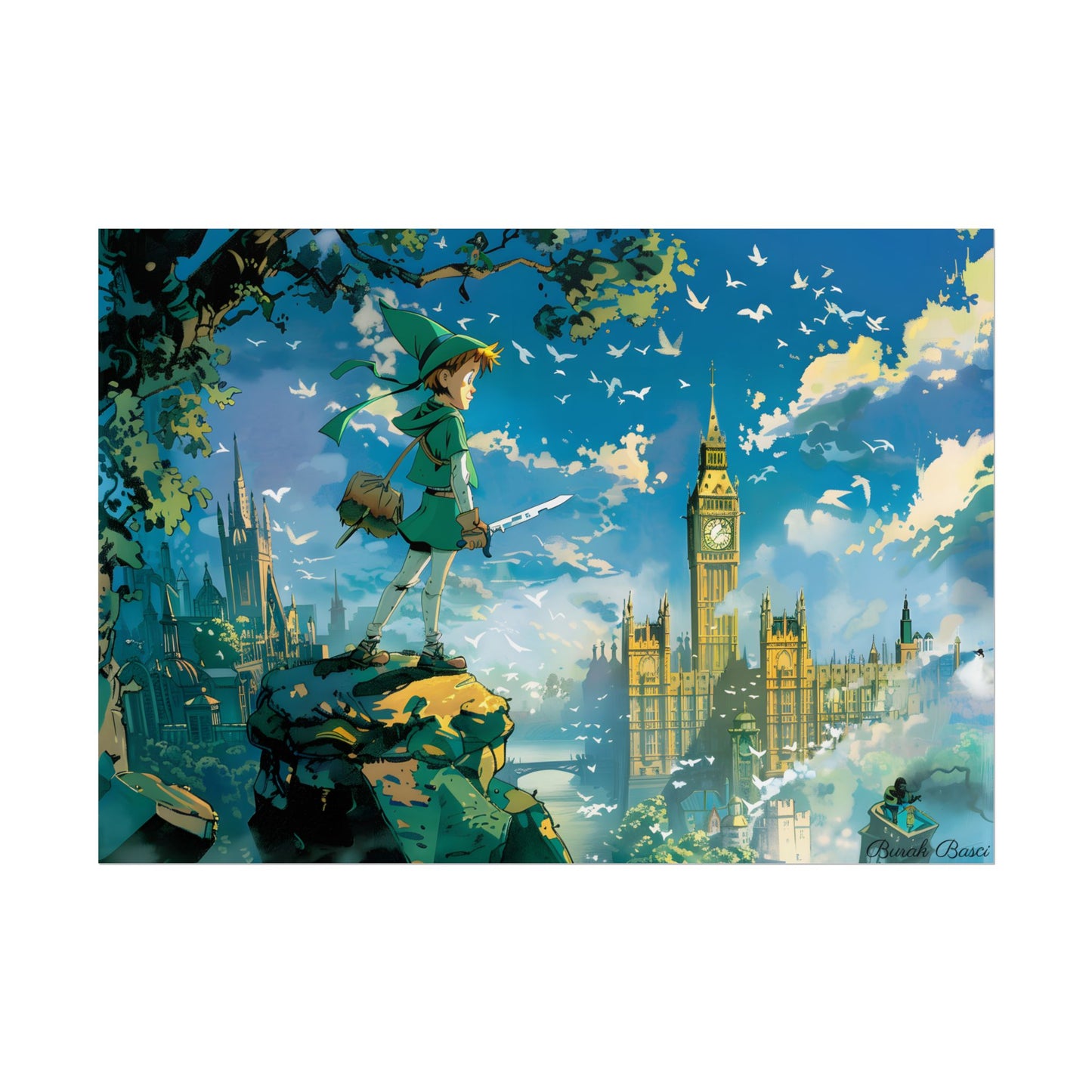 Whimsical Boy in Green: Colorful Illustration Artwork - Poster
