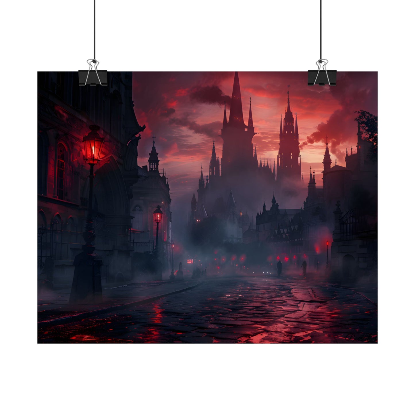 Gothic City Dusk: Pointed Arches and Misty Atmosphere - Poster