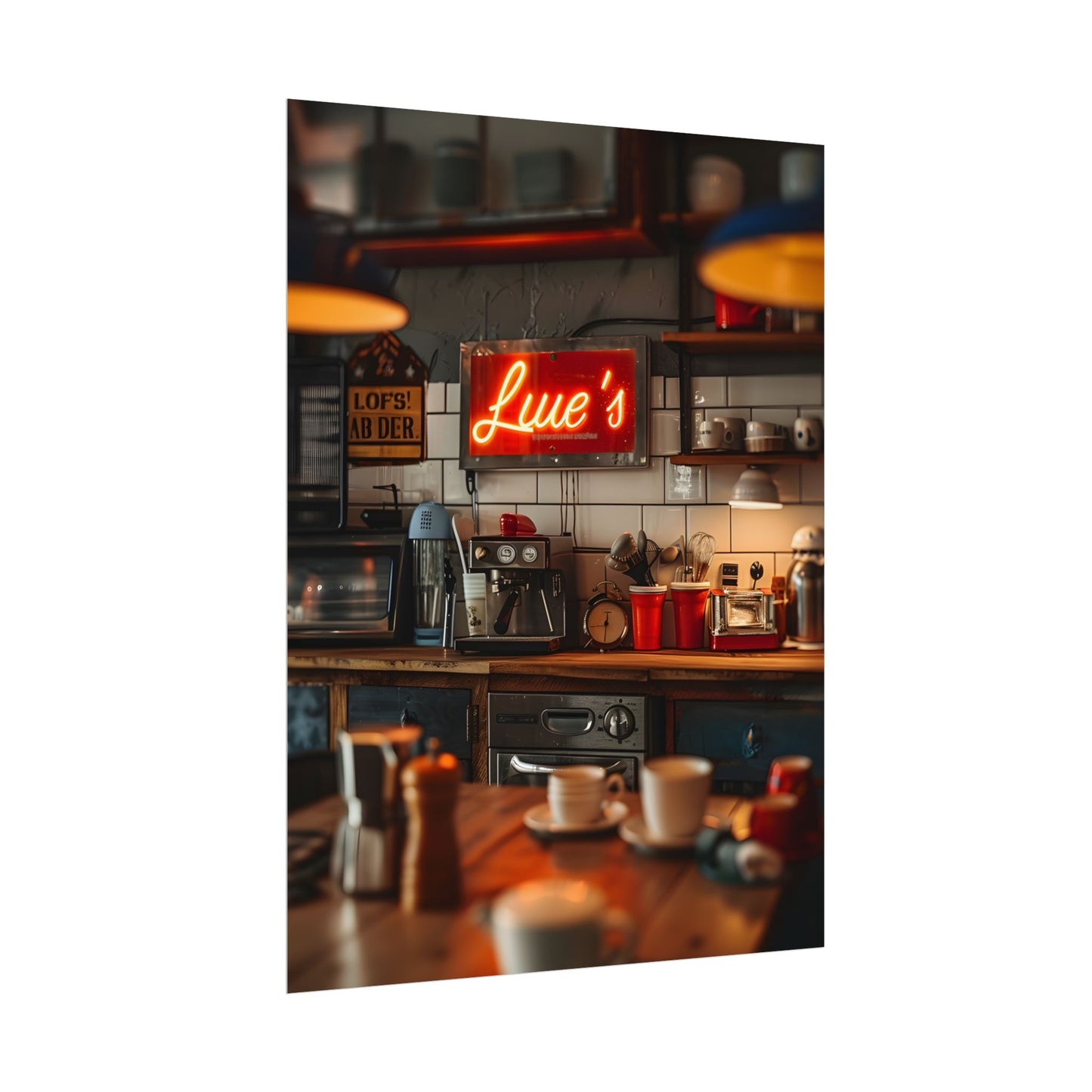 Cozy Retro Kitchen Artwork: Lukes Diner Sign Digital Art - Poster