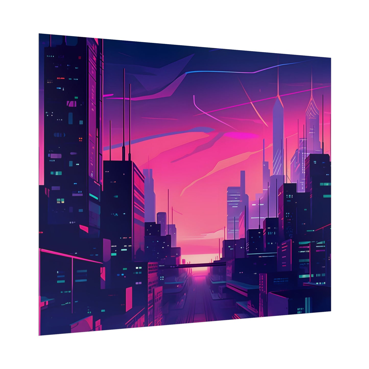 Melancholic Cyberpunk Cityscape: Neon Night Digital Art - Poster