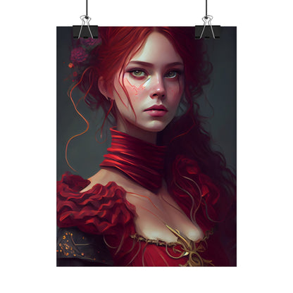 Vibrant Redhead Portrait: Female Artwork in Red Dress - Poster