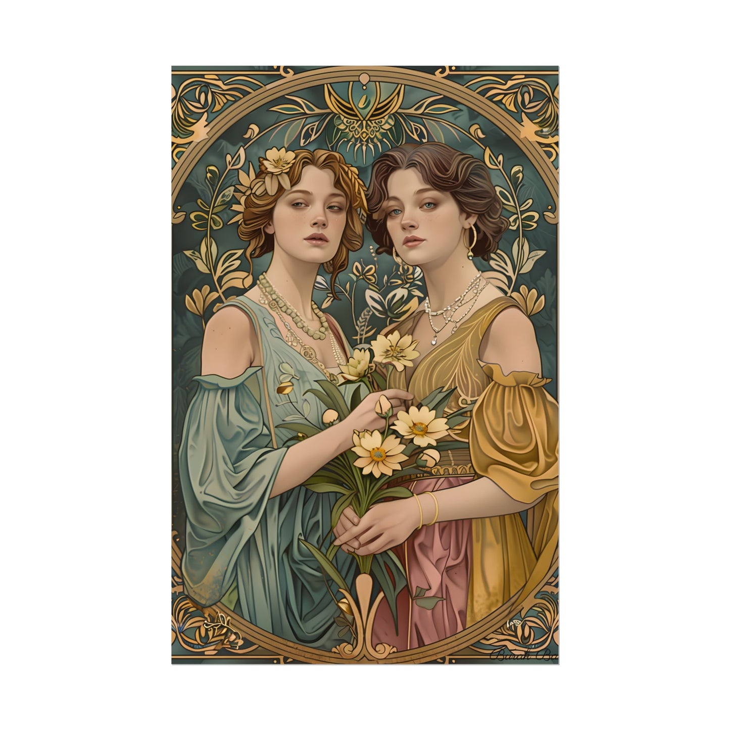 Two Women in Ornate Attire Holding Primr: Traditional Turkish Artwork - Poster