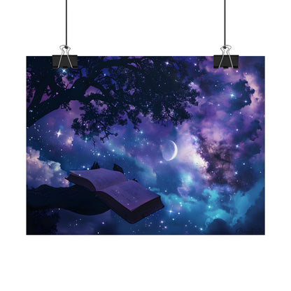 Mystical Night Sky: Celestial Dreams with Crescent Moon Art - Poster