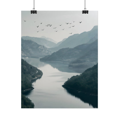 Peaceful Mountain Oasis: Serene Birds Eye View Artwork - Poster