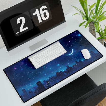 Dark Blue Dreams: A Starry Night Sky with Crescent Moon - Desk Mat