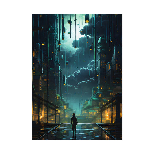 Melancholic Cyberpunk Night: Neon Cityscape Artwork - Poster