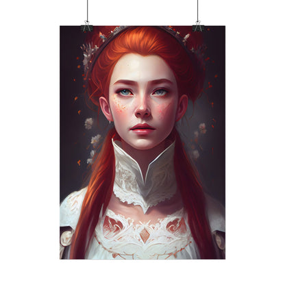 Soft Glow Redhead Portrait: Elegant Female Artwork in Dress - Poster