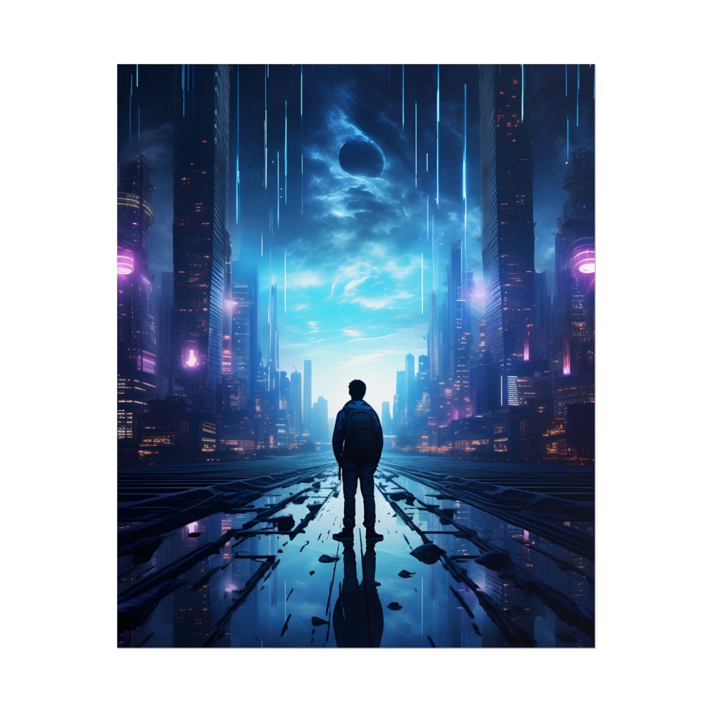 Cyberpunk Cityscape at Night: Melancholic Landscape Digital Art - Poster