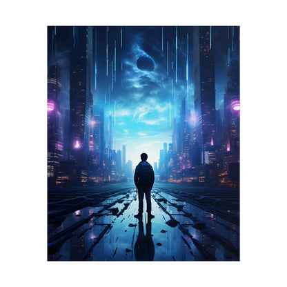 Cyberpunk Cityscape at Night: Melancholic Landscape Digital Art - Poster