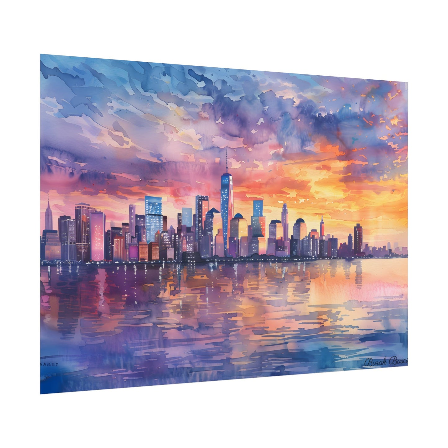 Serene NYC Sunset: Watercolor Skyline Reflections - Poster