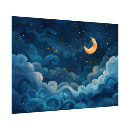 Surreal Night Sky Dreamscape: Whimsical Stars and Clouds Art - Poster