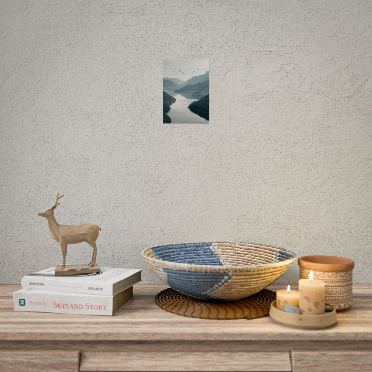 Peaceful Mountain Oasis: Serene Birds Eye View Artwork - Poster